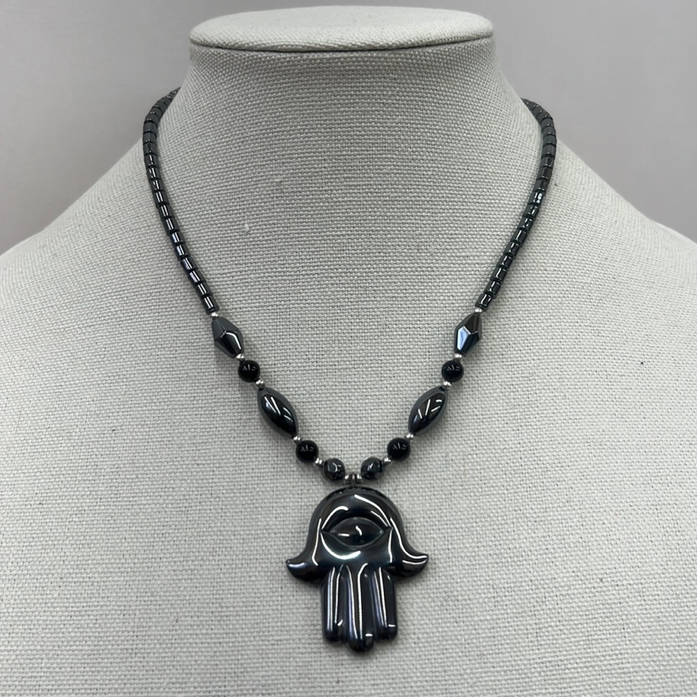 Hematite Necklace with Hamsa Pendant 18”